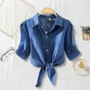 Blouses Femmes Femmes Blouse Chic À Lacets Noeud Revers Élégant Trois Quarts Manches Chemise De Couleur Unie Pour Casual Ol Commute En Automne