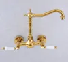 Wastafelkranen Gouden Messing Dubbele handgreep Duals Hole Wandmontage Wastafelkraan Vanity Keuken Koud- en watermengkranen Dsf608