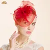 Bérets mode dames rouge fleur chapeau lin mariée pilulier chapeaux avec voiles pour femmes robe de mariée accessoires B-8229