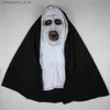 Tema Traje 2023 Horror Nun Venha Máscara Terno Cosplay Assustador Valak Fantasma Rosto Capacete Robe Halloween Vem Carnaval Festa Adereços Q240307