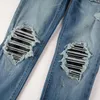 Mäns jeans ljusblå high street mager denim byxor mode stretch skrapa skada bandana hål smal fit rippad pojkvän för män