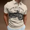 Polos masculinos vintage manga curta camisas polo motocycle 3d impressão lapela zíper homem topo de alta qualidade oversized camisa masculina roupas casuais
