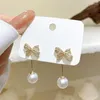 Dingle örhängen koreansk modes strass metall bowknot pärlhänge 2023 trend bow pärlor släpp för kvinnor flickor tonåringar smycken198k