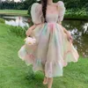 Casual Kleider Sommer Süße Regenbogen Prinzessin Kleid Frauen Koreanische Elegante Quadratische Kragen Puff Sleeve Midi Weibliche Chic Gaze Party303e