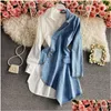 Robes décontractées de base Mode Irregar Robes décontractées Denim Patchwork Robes FemmeCollier à manches longues Robe Femme Costume Shir Dh8So