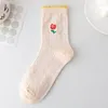 Meias femininas de algodão rosa flores meio tubo rosa meia para presente da menina feminino sox renda bonito kawaii babados calcetines harajuku soks