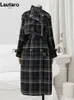 Kvinnors ull blandar lautaro Autumn Winter Long Loose Warm Plaid Wool Blends Trench Coat For Women Raglan Sleeve Belt Double Breasted Woolen Overcoat J23101010