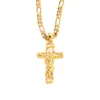 Collana con pendente a croce Gesù Cristo crocifisso in oro giallo massiccio 24 k fine GF Collana con catena a maglie Figaro italiana da 3 mm 60 cm255t