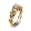 Vintage Gold Flower Retro Style Round Cut Cubic Zirconia Solitaire Engagement Rings For Women Bridal Wedding Jewelry