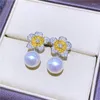 Stud Earrings TOP PERFECT 9-10mm SOUTH SEA WHITE ROUND PEARL S925 Sterling Silver Flower