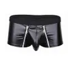 Sous-vêtements Hommes Lingerie Faux Sous-vêtements en cuir Bulge Poche avec double fermeture à glissière Boxer Briefs Low Rise Sexy Male Culottes252o