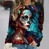 Frauen T-Shirts Marke Langarm Sihrt Tag der Toten 3D-Druck Top Frau lose übergroße Herbst T-Shirt Mädchen Mode Gothic Pullover