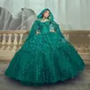 Luxury Hunter 3D Floral Appliqued Quinceanera Dresses With Cape Lace Long Princess Prom Occasion Dress Off The Shoulder Corset Sweet 15 Girls Party Gown