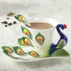 Canecas 200ml Pavão Xícaras de Café com Pires Colher Hadmade 3D Cerâmica Chá Leite Canecas Definir Café da Manhã Garrafa de Água Presentes de Amante de Natal 231009