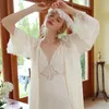 Women's Sleepwear French Sling Lace 2023 Kimono Female Silky Backless Nightgown Satin Women Style Sexy Long Sets Robe Sleeve Nighty