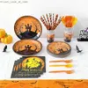 Altri articoli per feste per eventi Set di stoviglie usa e getta di Halloween Piatti di carta Tazze Tovaglioli Tovaglia Castello Decorazione di zucca 2023 Q231010