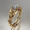 Vintage Gold Flower Retro Style Round Cut Cubic Zirconia Solitaire Engagement Rings For Women Bridal Wedding Jewelry