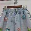 Женские джинсы, тяжелые джинсовые шорты ручной работы с цветами и стразами, эластичные джинсовые шорты с высокой талией, свободные утягивающие широкие брюки, лето 2023, короткие брюки
