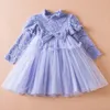 Mädchen Kleider Koreanischen Stil Frühling Herbst Kinder Mädchen Party Kleid Lange Ärmel Spitze Mesh Patchwork Bogen Prinzessin Kleider Führen Kleidung H9651 231010