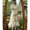 Sukienki imprezowe Słodka wysoka talia Square Surk Sukienka Vintage szydełkowana z koralikami Mesh Elegancka, delikatna Puff Short Sleeve Princess 28105