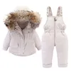 Daunenmantel, 2-teiliges Set für Babys, Winter-Daunenjacke und Overall für Kinder, verdickte warme Jacke mit Pelzkragen für Mädchen, Kleinkind-Schneeanzug 0–4 Jahre, 231009