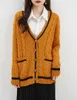 Cardigan en tricot pour femme, taille européenne, pull en laine mérinos, automne-hiver 2023, décontracté, col en V, manches longues, câble tricoté (gingembre)