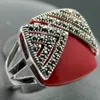 Noble Red Carved Lacquer Marcasite 925 Sterling Silver Square Ring#7-10 örhängen Pandent Smyckesuppsättningar289o