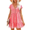 Summer Women Boho Mini Dress Sexy V-neck Short Sleeve Floral Casual Loose Chiffon Dresses Fashion Ruffles Woman Sundress 220514259m