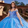 2024 Sky Blue Shiny Quinceanera klänningar Söt prinsessa med Cape Ball -klänningsapplikationer Lace Pärlor Crystal Vestidos de 15 Anos