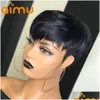 Menschliches Haar Capless Perücken Brasilianische gewellte kurze Perücke für schwarze Frauen natürliche Farbe / Ombre Blonde Pixie Cut Lace Front mit Pony Drop Del DHP5O