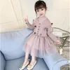 Clothing Sets Girls Autumn Suit Children's Fashionable Knitting Cardigan Sweater Long Sleeve Gauze Dress Kids Clothes Twinset P420