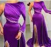 Sukienki wieczorowe Purple Party Party For Form Custom Nowy zamek błyskawiczny w górę w rozmiarze Szczurki uda-wysokie syrenka Satin Plat Bateau Long Rleeve Carzy