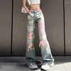 Jeans pour femmes Mode Rose Délavé Patch Déchiré Droit Y2K Rétro Rue Hip Hop Dames Taille Haute Pantalon À Jambes Larges