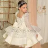 Pink Ruffles Flower Dresses For Wedding Shiny Long Sleeve Little Girl Bling Pageant Ball Gown Appliced ​​Spets Kids Toddar Formal Party Wear