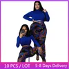 Women's Two Piece Pants Wholesale Items Fashion Sexy 2 Set Women Fall Clothes Skinny Club Outfits Bandage Crop Top Mesh Printed Leggings 4XL