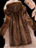 フードウィンタージャケット付き女性の毛皮のエレガントなロングコート2023厚い暖かい毛皮の柔らかいミンク人工フード付きオーバーコート