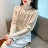 Enkel mode Silk Satin Pink Bluses Stand Collar Women's Designer Flare Sleeve Elegant Blus 2023 Autumn Winter Office Lady Lady Lady Color Runway Tops Plus Size