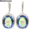 SheCrown grand ovale 22x18mm 17 5g feu arc-en-ciel Violet mystique topaze CZ dames 925 boucles d'oreilles en argent 40x20mm 2009232215