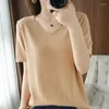 Women's T Shirts Summer Cotton Linen T-shirt Women Top V-neck Short Sleeve Fashion Korean Knit Mujer Tees Loose Clothe Streetwear In