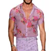 Camisas de vestido masculinas 2023 camisa sexy ver através da lapela topo solto flor impressa manga curta botões respirável para masculino 231009