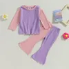 Kläderuppsättningar 2023-07-14 LIORITIIN 0-5 år Toddler Girls Fall Outfits Contrast Crew Neck Long Sleeve Tops Flare Pants 2st Clothes Set