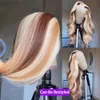 180 Dichtheid Braziliaans Hoogtepunt Blond gekleurde simulatie Haarhaarpruik lichaamsgolf Ombre HD transparante rechte kant frontpruiken voor vrouwen