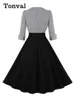 Plus size Dresses Tonval Plaid and Black Elegant Ladies Rockabilly Cotton Notched Collar 3 4 Sleeve Autumn Winter Women Vintage Dress 231009