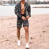 Tracksuits masculinos moda homens define verão 2021 lapela impressão camisas de manga longa calças curtas casual juventude magro praia terno tendência m252p