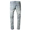 Jeans pour hommes Vintage déchiré lettre hommes bleu clair tranché motard Hombre Streetwear pantalon en jean maigre Hommes pour moto