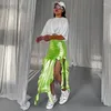 Skirts Y2k Tassel Metallic Silver Skirt Women Ribbon PU Green Shiny Irregular High Waist Bodycon Side Slit Party Maxi