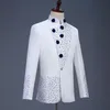 Abiti da uomo Blazer Abito tunica cinese Stile retrò Bianco con strass blu Giacca Pantaloni dritti Set 2 pezzi Stand Col286H