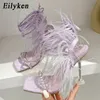 Sandaler Eilyeken Fashion Summer Rhinestone Feather Women Sandaler LACE-UP Cross-bundna Sexig Gladiator Square Toe Ladies High Heel Shoes 231009