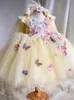 Robes de fille de fleur florale jaune pour robe de mariée papillon en dentelle applique bébé robe d'anniversaire filles concours de bal de bal de fête de fête de fête