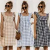 Casual Jurken Zomer Vrouwen Plaid Jurk Vierkante Kraag Vlinder Mouw Losse Sexy Backless Dames Midi Zonnejurk Vestidos285A